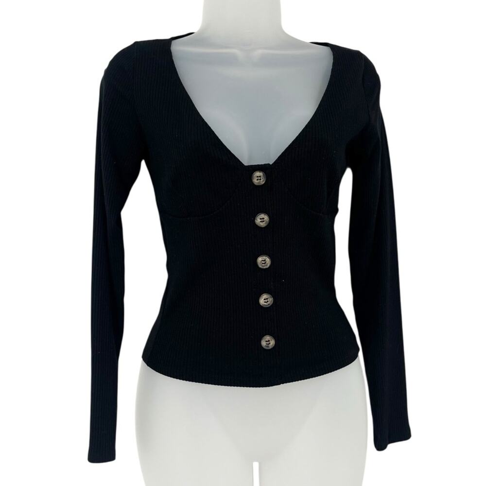 Reformation Black Ribbed Button Front Long Sleeve Top Women’s Medium Perfect - Picture 2 of 7